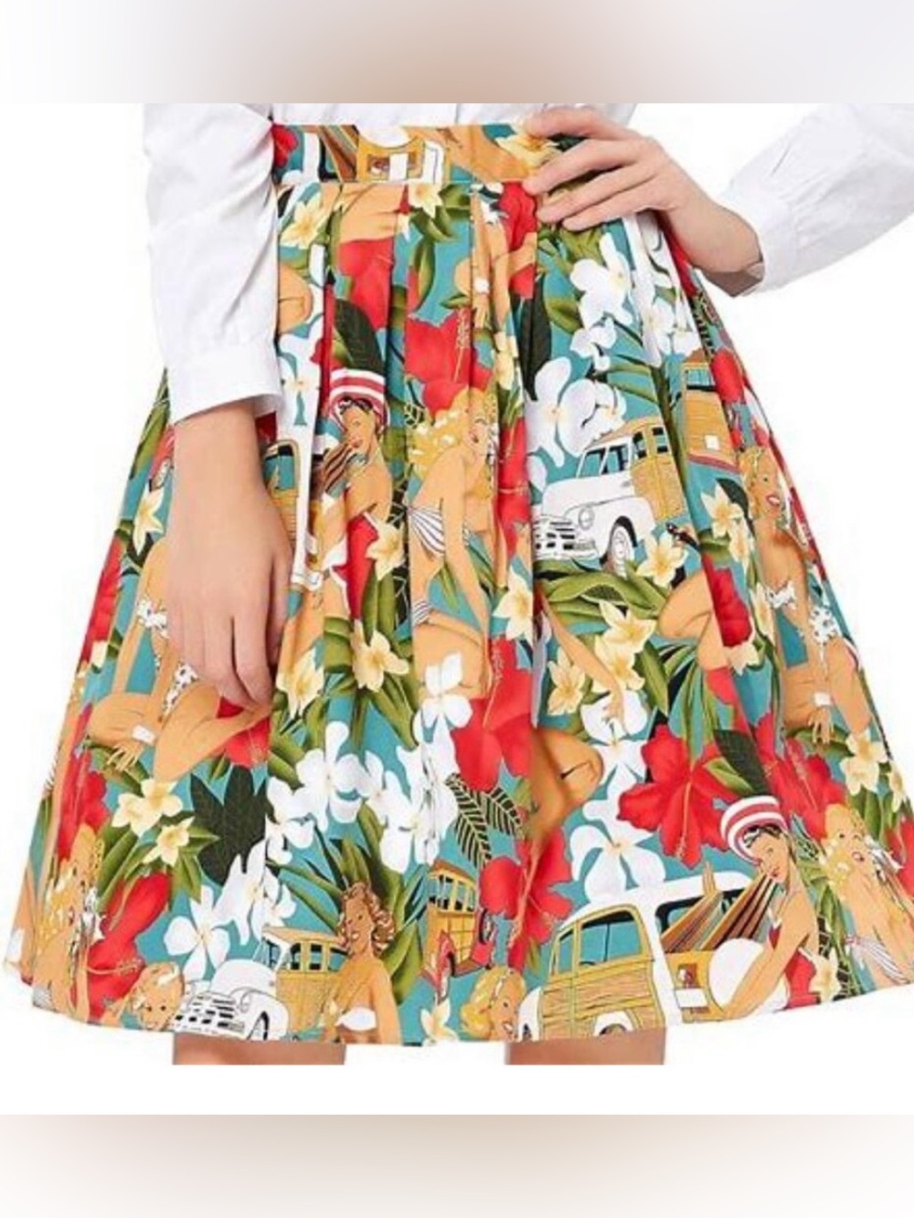 Grace Karin Hawaiian Pin-Up/Tropical/Tiki Print Box Pleat Full A-Line Skirt SZ L